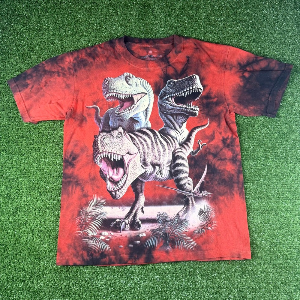 Smithsonian T-Rex Dinosaur Tie Dye Graphic T-Shirt Red Black Size S